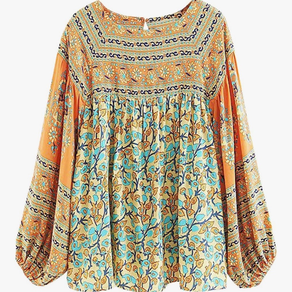 Bohemian Floral Blouse - Orange and Blue NWOT - Picture 5 of 7